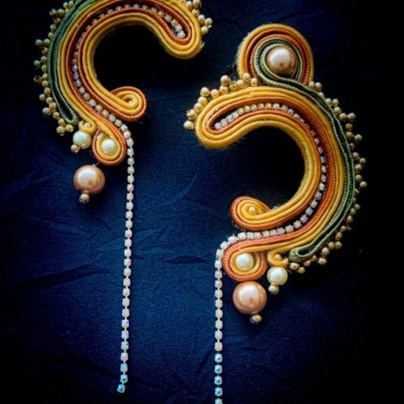 Soutache earrings gold handmade brown - Picture 3 of 4